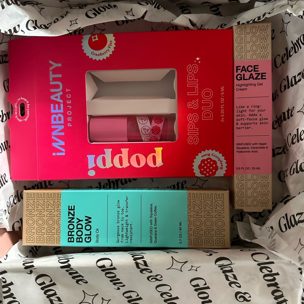 Innbeauty 3 Full Size Item Bundle -Face Glaze, Bronze Body Glow, Glaze Lip Oil
